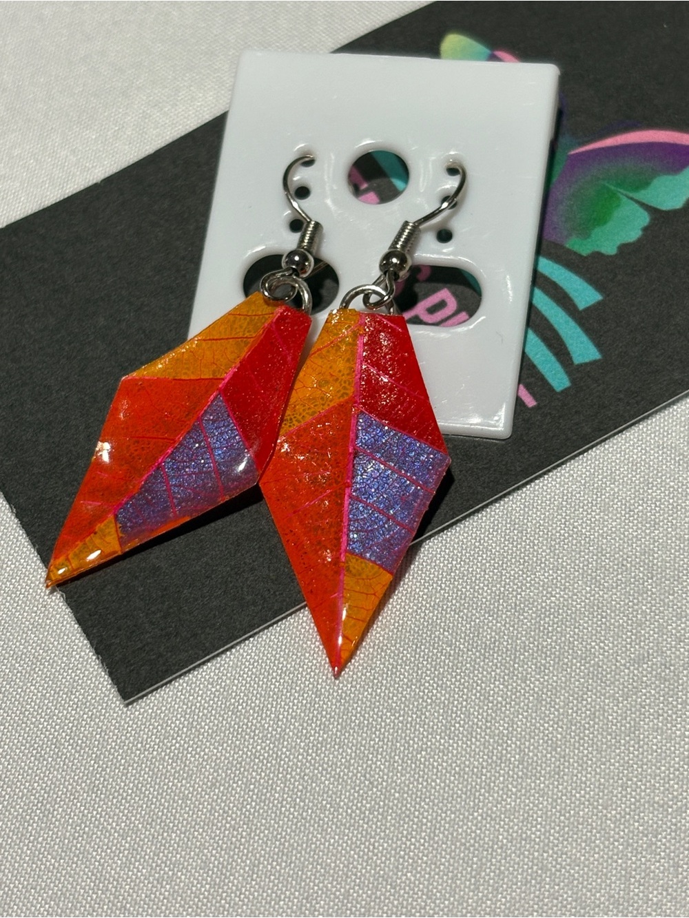 Handmade Butterfly Wings  Red Orange Purple Leaf Drop Earrings